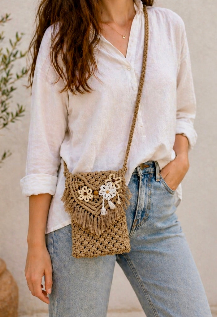 Boho Makramee Handytasche „Blütenzauber“